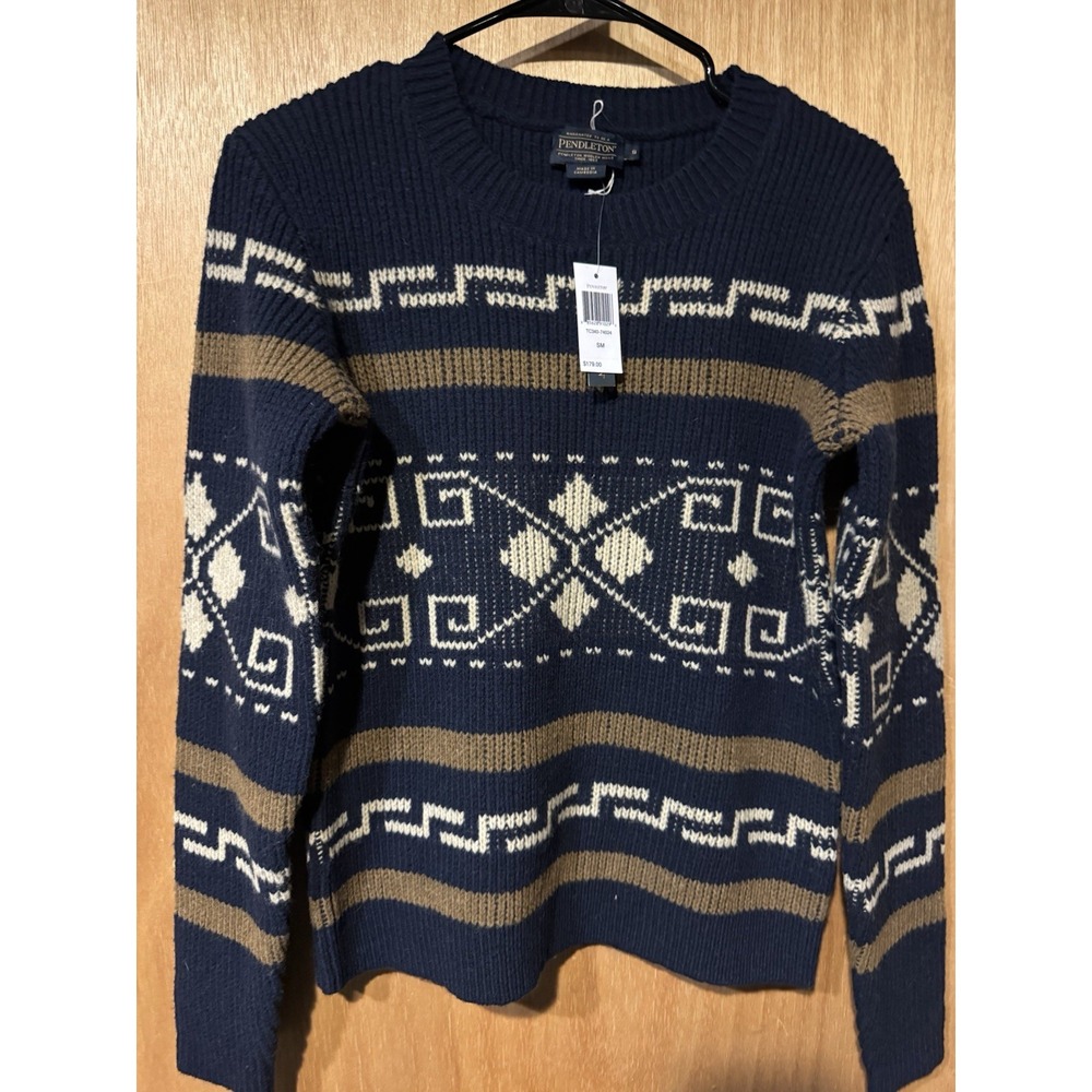 Pendleton NAVY/BROWN/CREAM WESTERLEY Pullover LAMBS WOOL Sweater NWT Small